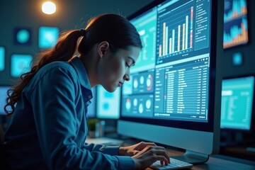 Image of Individual Immersed in Virtual Workspace, Surrounded by Electronic Invoices and Connected to Cloud Storage via Keyboard.