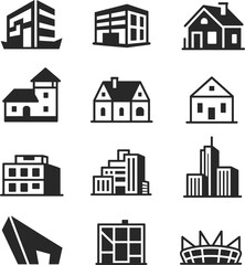 Stylized building and house silhouette icons, featuring modern offices, residential homes, skyscrapers, and landmarks for real estate, architecture, urban planning, and construction projects