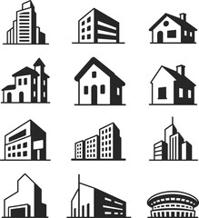 Modern and classic building silhouette icons, including houses, offices, apartments, skyscrapers, and industrial structures for real estate, architecture, and construction projects