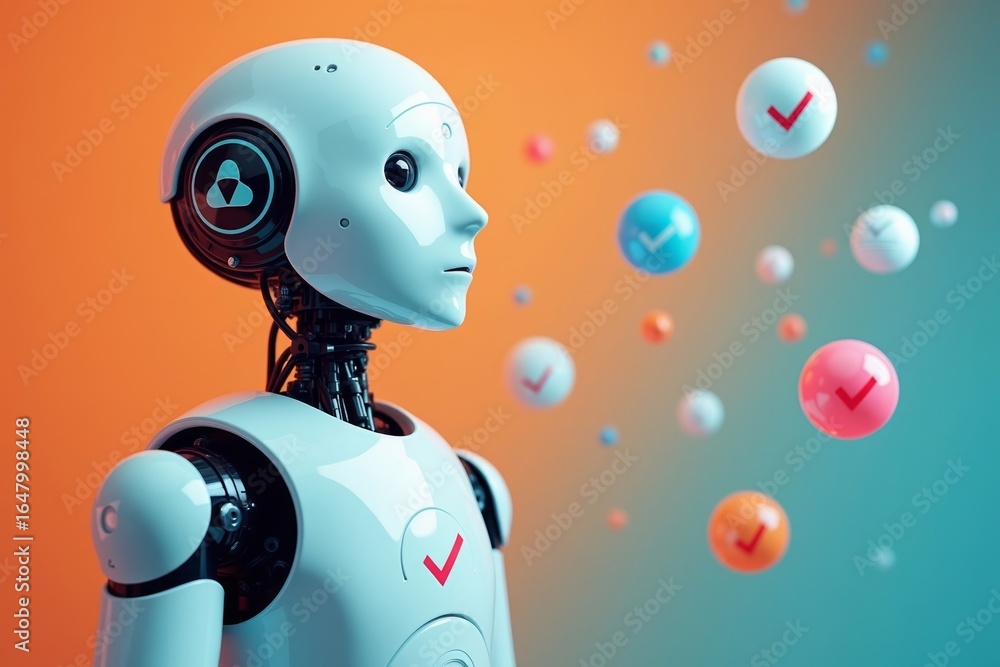 Aufkleber a.i. robot with check mark symbol: revolutionizing survey automation