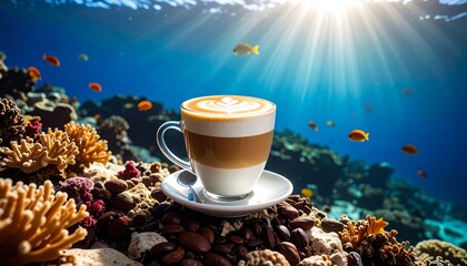 Latte Art on a Coral Reef with Sun Rays Shining Through Water