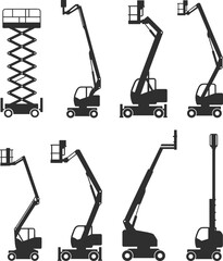 Collection of aerial work platforms, boom lifts, and scissor lifts in black silhouette style for construction, maintenance, and industrial access equipment vector design © Md