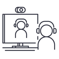 Video conference icon. A simple, flat line icon depicting a video conference. 