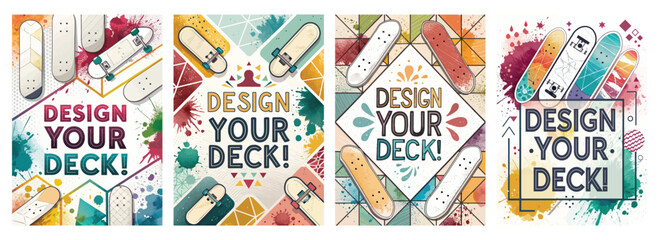 Colorful skate deck design posters featuring vibrant graphics and playful elements.