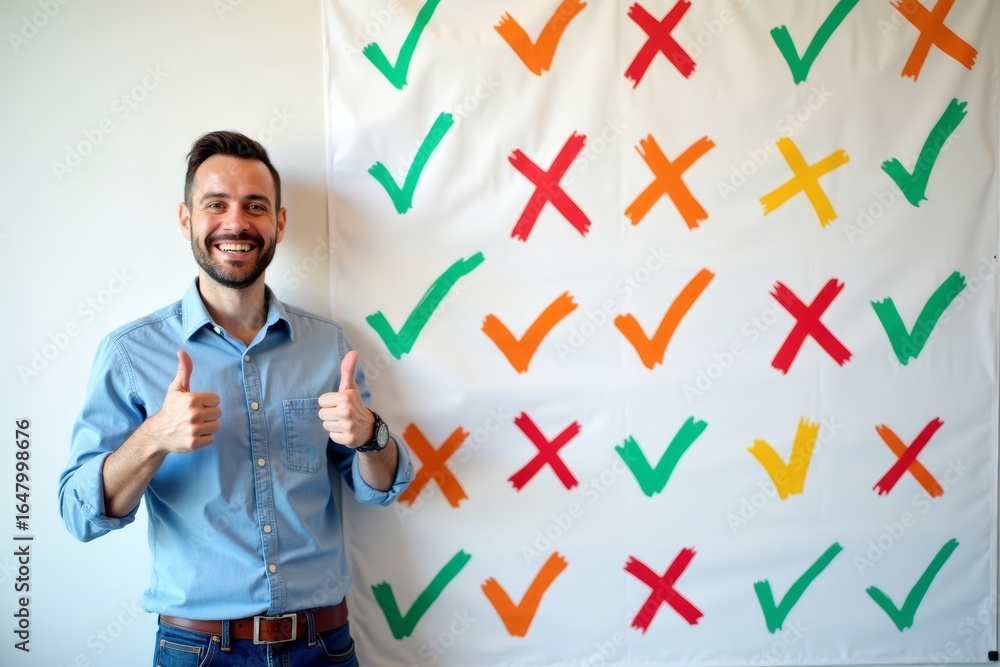 Aufkleber person smiling in front of colorful check mark banner with completed tasks