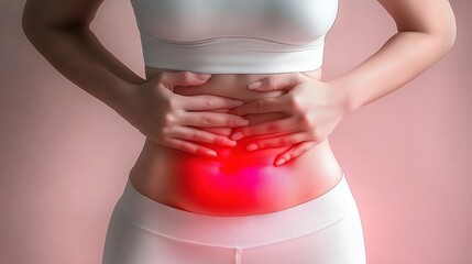 Naklejka premium Asian woman in white yoga pants, holding her stomach with a pained expression, depicting bloating or premenstrual symptoms.