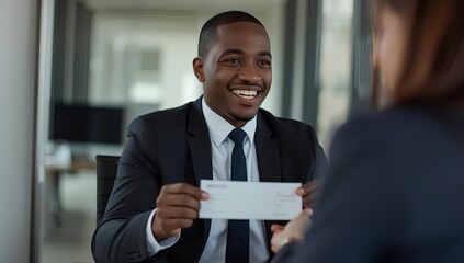 Boss gives payment envelope to happy worker, symbolizing salary bonus, reward, and career promotion.