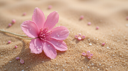 Bio Microneedling. Pink flower is on sand with many small pink flowers