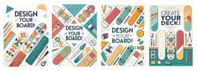 Colorful skateboarding graphics promoting design creativity and individuality.