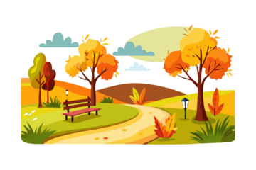 Autumn park scene with colorful trees a winding path and a moonlit sky