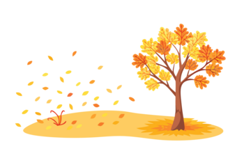 Autumn tree with falling leaves and a ground covered in fallen leaves on a black background