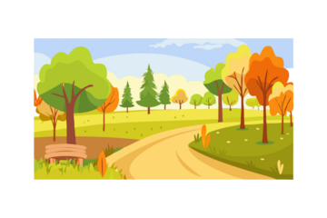 Scenic autumn park landscape with a winding path and colorful trees