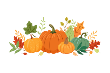 Vibrant autumn harvest display featuring pumpkins and colorful fall foliage on a black background