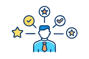 Silhouette of a person with stars and checkmarks representing evaluation and success