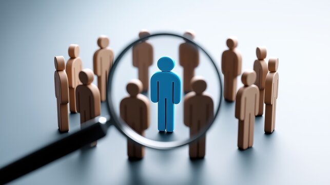 Magnifying glass zooming in on blue human figure standing out in circle of identical brown figures, HR selection concept.