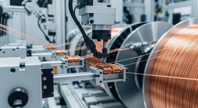 Focused shot on copper wire feeding mechanisms within a hyperloop linear motor coil winding cell using precise automation technology.