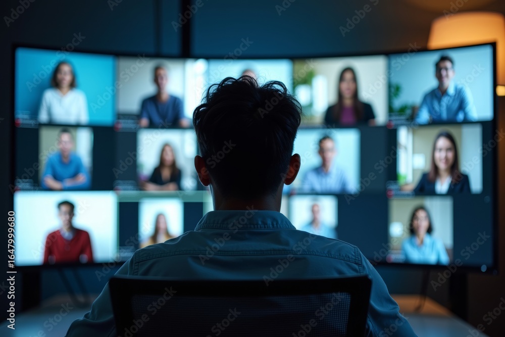 Aufkleber diving deep into the virtual world: a person engaged in multiple video calls and group chats on surr