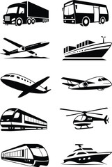 Transportation vector icons set, truck, bus, airplane, ship, yacht, helicopter, train, high-speed rail, jet, passenger, cargo, travel symbols