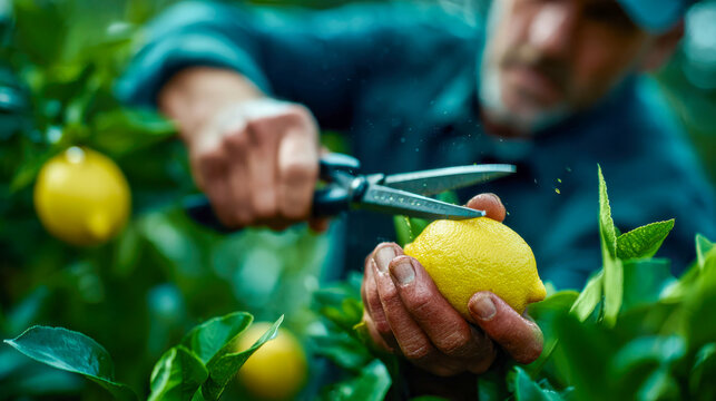Farmer cutting ripe lemons from a tree with pruning shears, water droplets scattering in the air