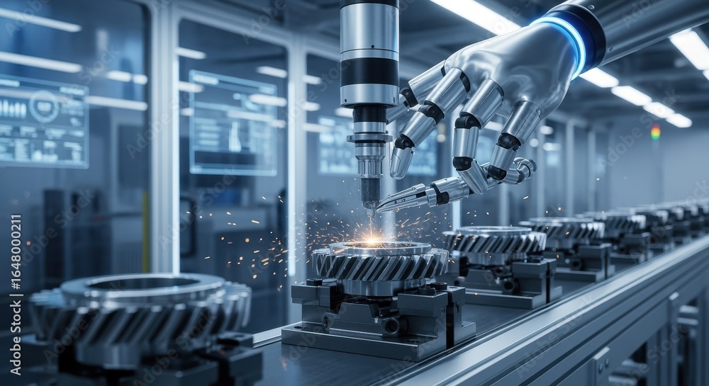 Poster hightech production line featuring humanoid robot performing microlapping on harmonicdrive gears to 