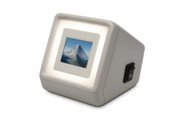 Modern digital photo frame displaying mountain landscape on transparent background