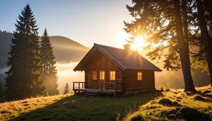 Log Cabin in Mountain Landscape at Sunrise with Fog and Coniferous Forest
