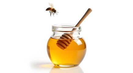 A Honeybee Hovers Near a Jar of Fresh Golden Honey with a Wooden Dipper Inside &ndash; A Sweet Symbol of Nature&rsquo;s Bounty, Pollination, and the Delicate Balance of Ecosystem Life