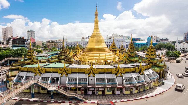 Aerial view of the sule pagoda, a golden buddhist temple in downtown yangon, myanmar