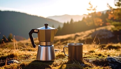 Making Coffee Outdoors in the Mountains at Sunrise