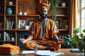 African Man in Traditional Garb Practices Yoga on Office Desk, Surrounded by Vibrant African Decor