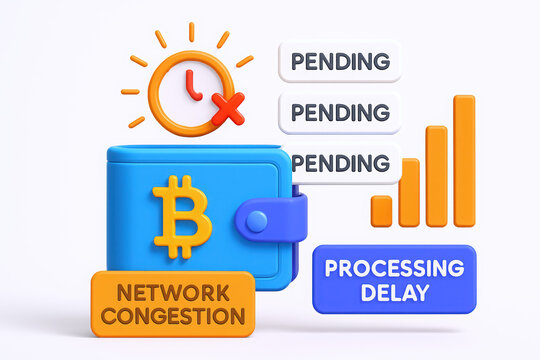 Colorful representation of cryptocurrency challenges, showcasing a digital wallet and processing delays. - Powered by Adobe