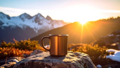 Metal Mug on Rock at Sunrise with Mountain Backdrop