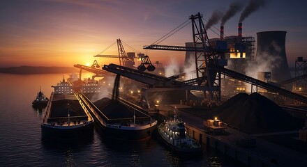 Fototapeta premium Industrial seaport and coal-fired power plant at dusk, showcasing global energy logistics and fossil fuel trade