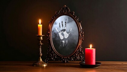 Mirror Reflection with Handprint and Candles on Table