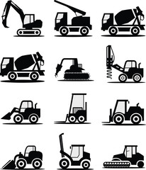 Vector Silhouette Set of Heavy Construction Machinery and Industrial Vehicles Including Excavators, Loaders, Cement Mixers, Bulldozers, and Forklifts