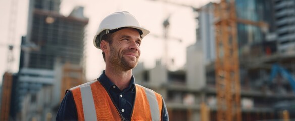 The construction worker smiling confidently at a busy urban building site during day