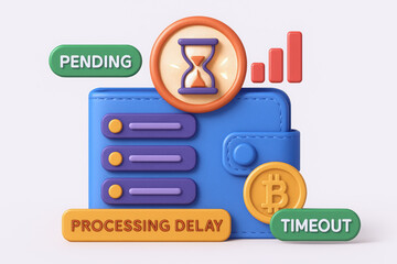 Colorful 3D digital wallet icon illustrating pending transactions and processing delays.