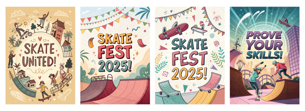 Vibrant skate festival posters showcasing diverse skaters in action, celebrating skills and community spirit.