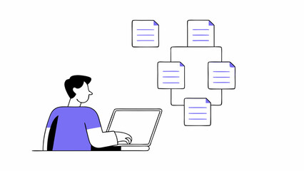 Person working on a laptop, connected to multiple documents.
