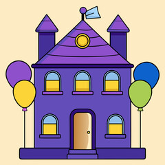 Purple castle-like building with balloons.
