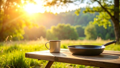 Morning Meal Preparation Outdoors with Mug and Pan on Wooden Table