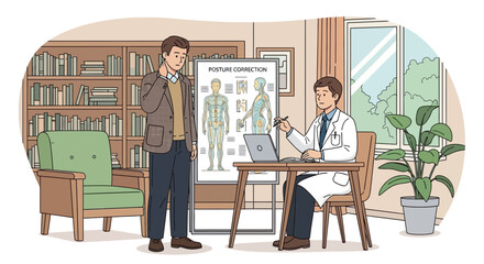 Postural assessment consultation illustration examining spine alignment issues