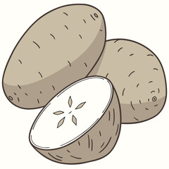 Three potatoes, one halved, showing the inside.
