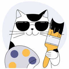 A cat artist, wearing sunglasses, holds a paintbrush.
