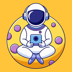 Astronaut sits on the moon, holding a tablet.
