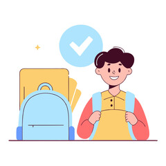 Smiling boy with backpack, ready for school.
