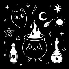Cute cauldron with mystical elements, black and white.
