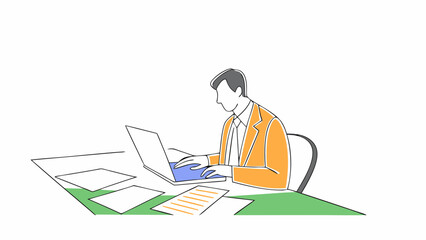 Businessman working on a laptop, focused on paperwork.
