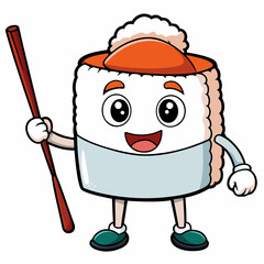 Cute sushi character holding chopsticks.

