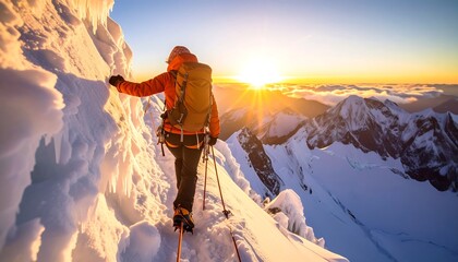Mountaineer Climbing Snowy Peak at Sunrise with Backpack